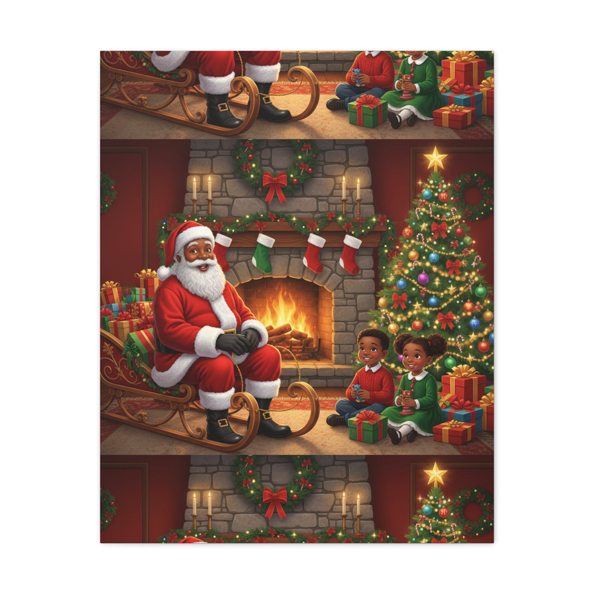 Christmas Santa Visit Canvas — Kids by the Fireplace Holiday Wall Art