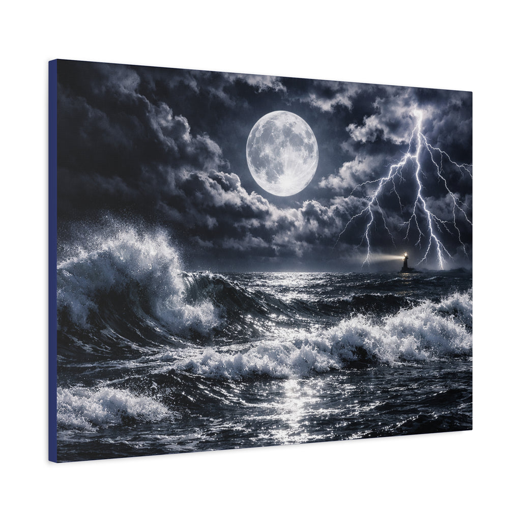 Stormy Moonlit Ocean Canvas Print — Dramatic Lighthouse Wall Art