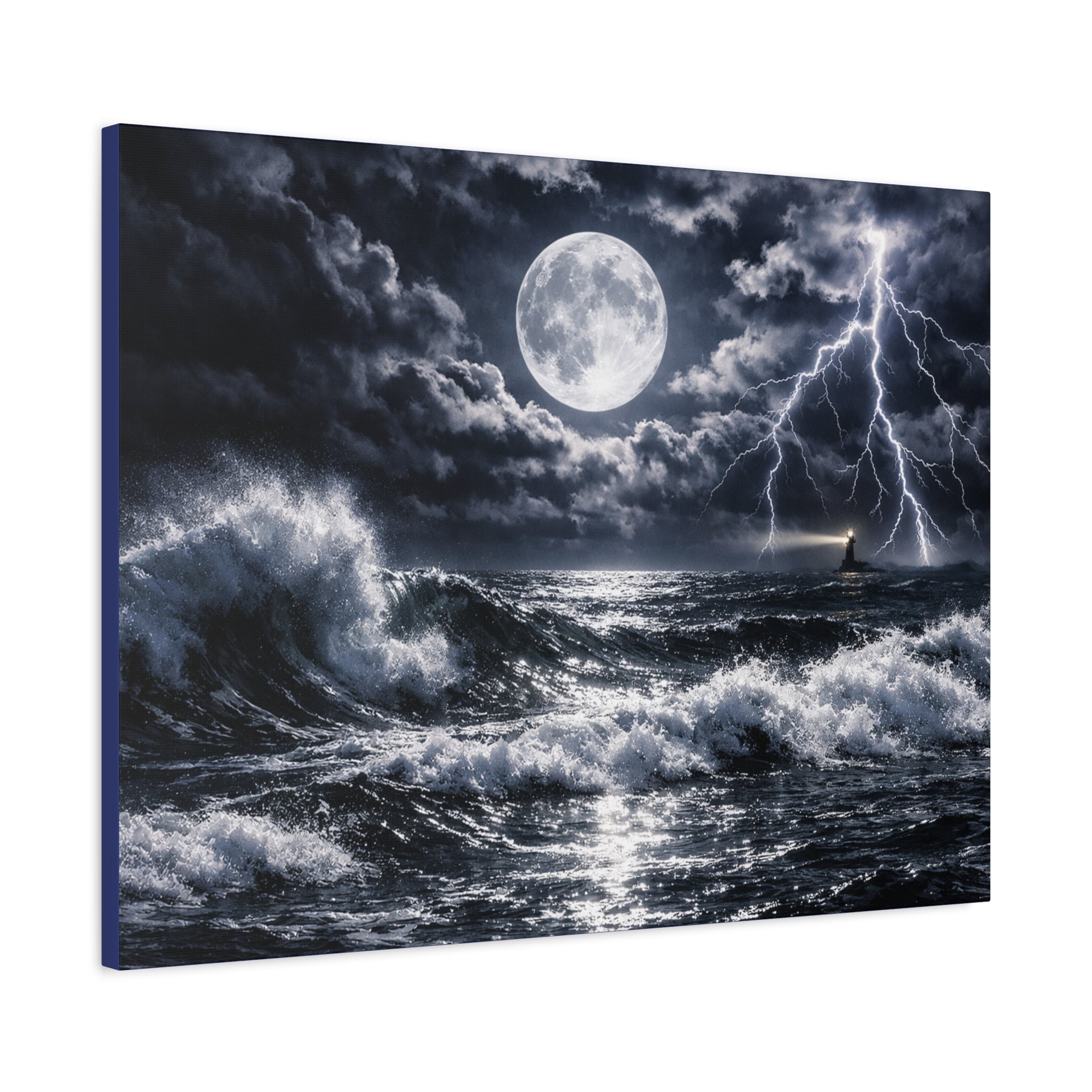 Stormy Moonlit Ocean Canvas Print — Dramatic Lighthouse Wall Art