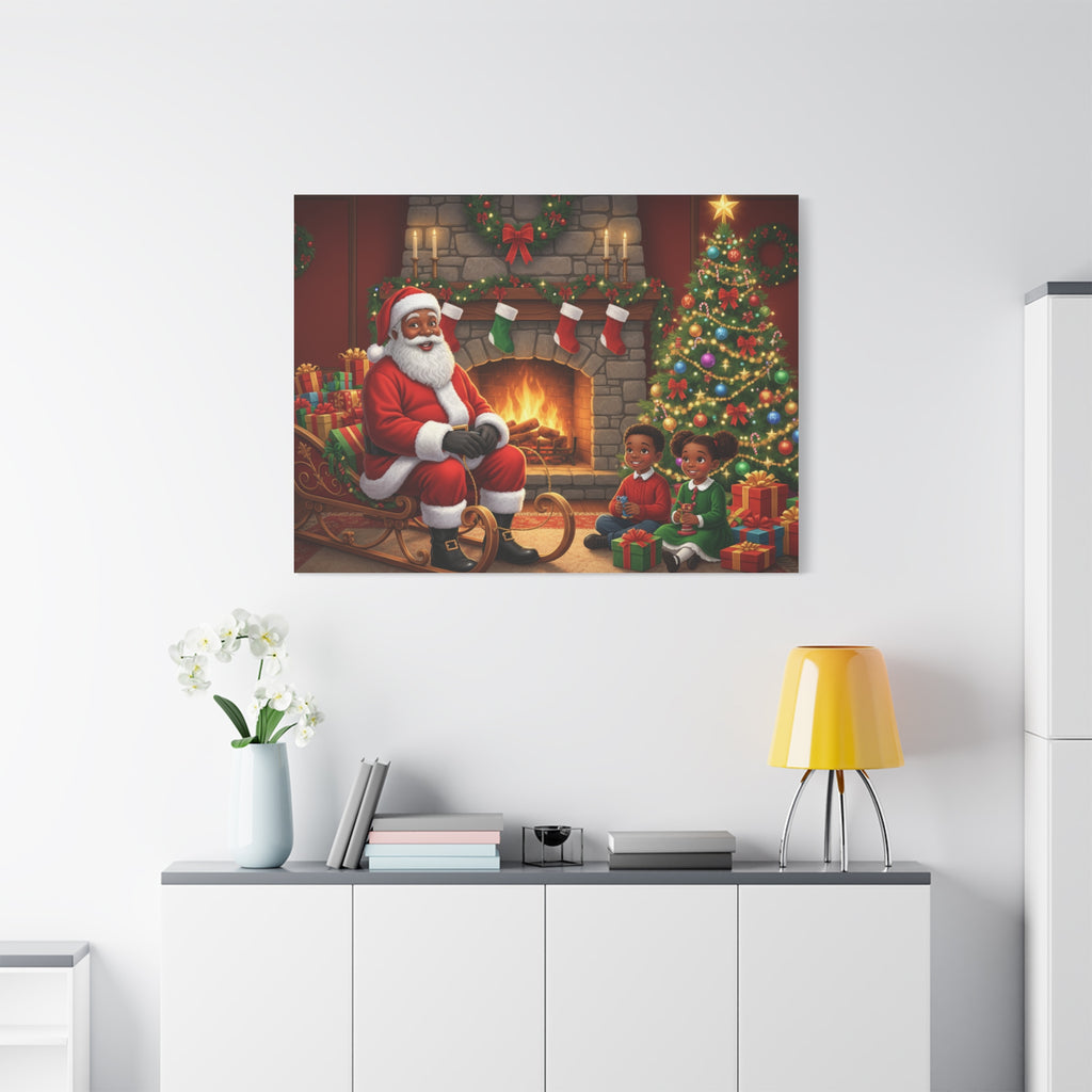 Christmas Santa Visit Canvas — Kids by the Fireplace Holiday Wall Art