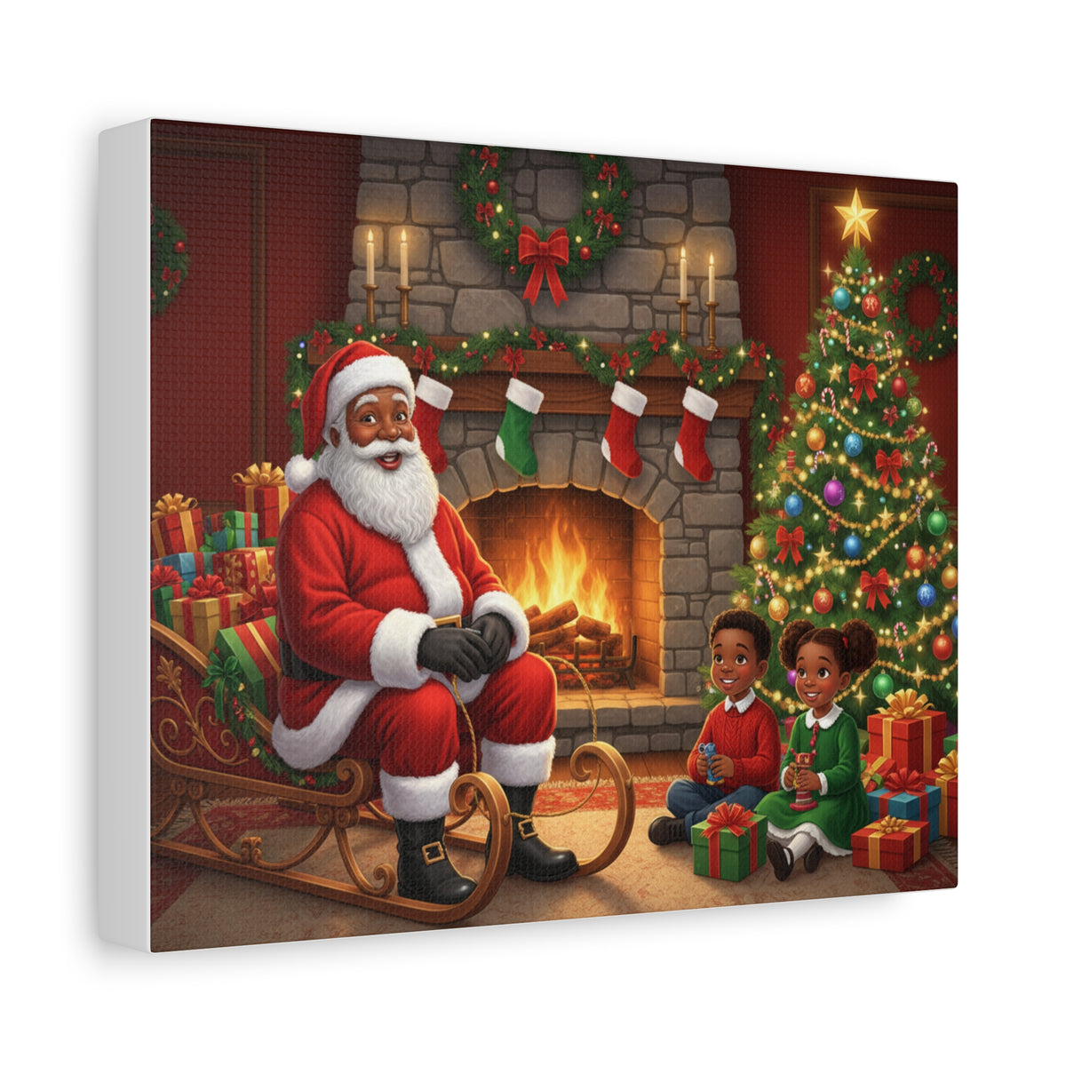 Christmas Santa Visit Canvas — Kids by the Fireplace Holiday Wall Art