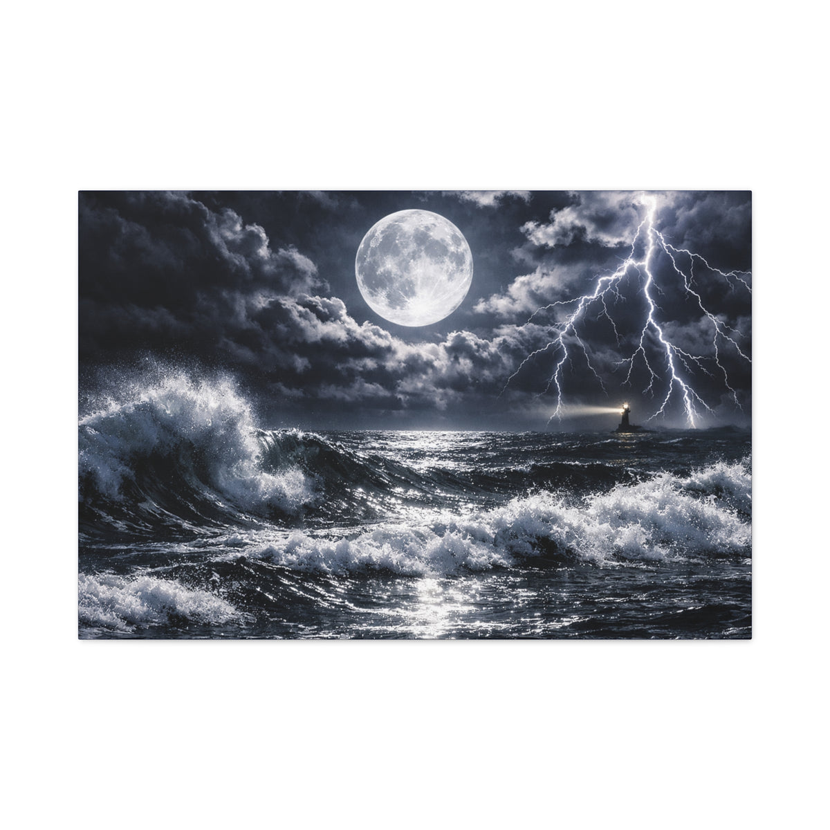 Stormy Moonlit Ocean Canvas Print — Dramatic Lighthouse Wall Art