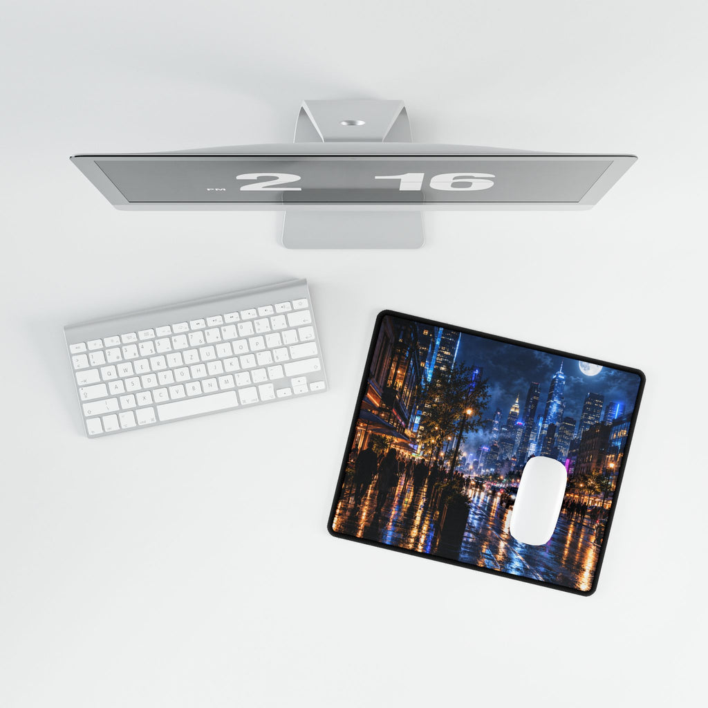 City Nightscape Desk Mat — Rainy Neon Skyline Large Mousepad