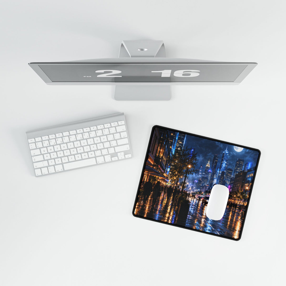City Nightscape Desk Mat — Rainy Neon Skyline Large Mousepad
