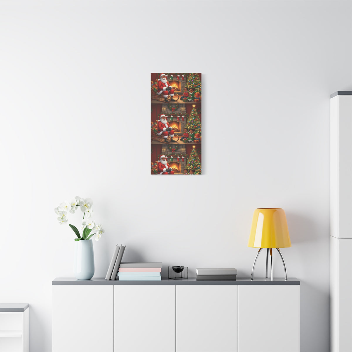 Christmas Santa Visit Canvas — Kids by the Fireplace Holiday Wall Art