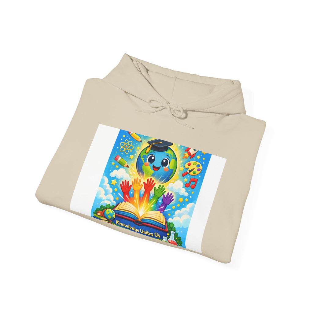Hoodie — Colorful Earth & Peace Cartoon Graphic "Knowledge Before Power"