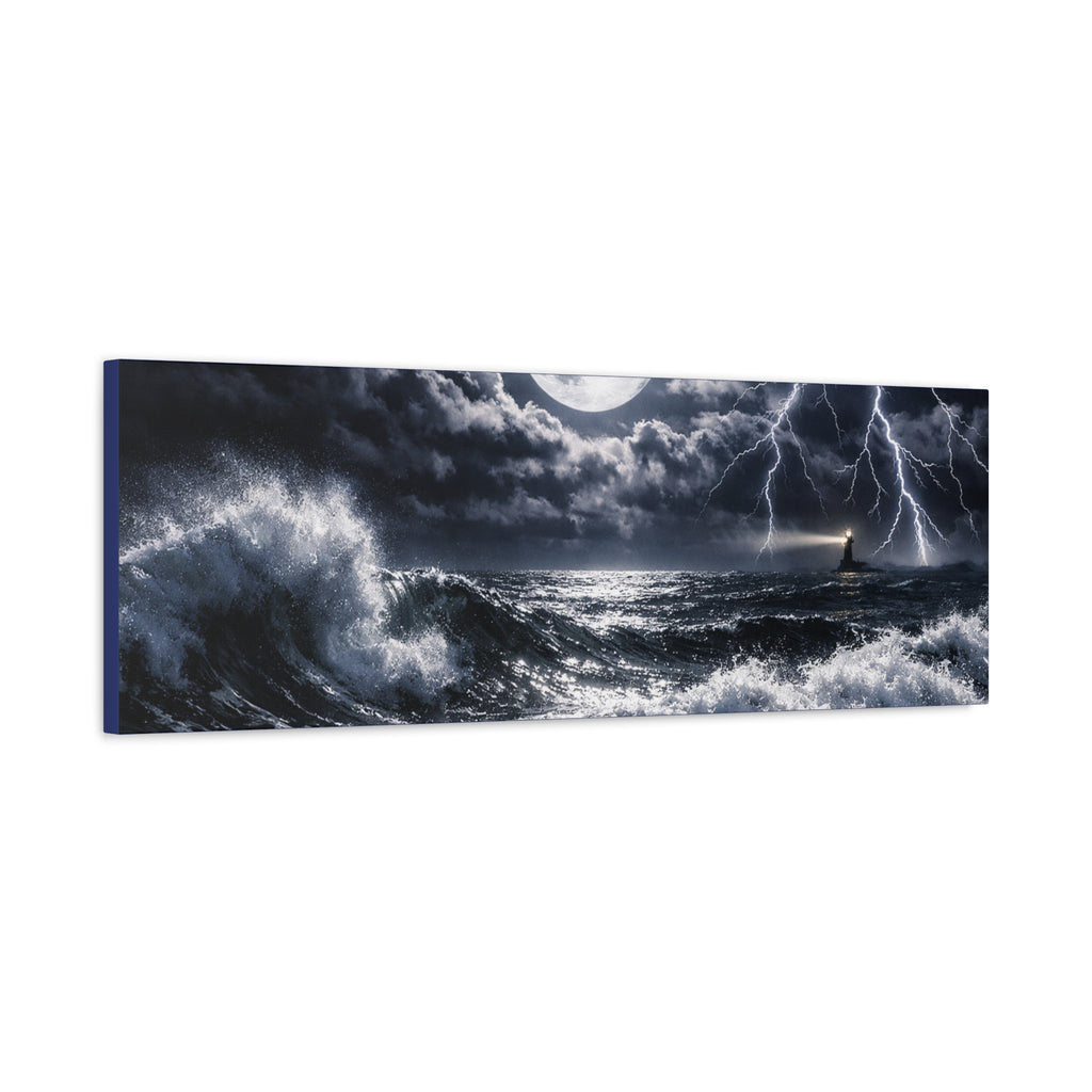 Stormy Moonlit Ocean Canvas Print — Dramatic Lighthouse Wall Art