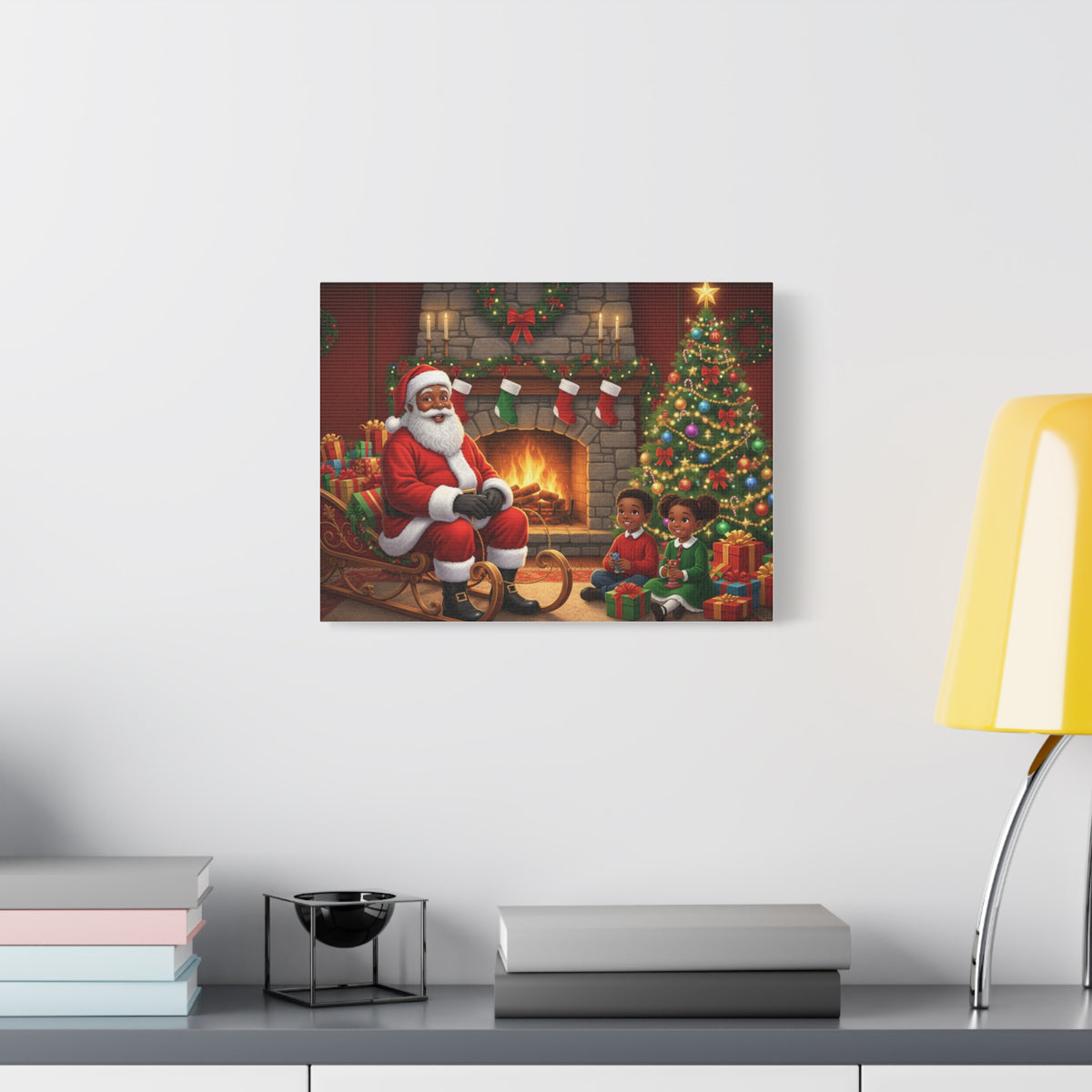 Christmas Santa Visit Canvas — Kids by the Fireplace Holiday Wall Art