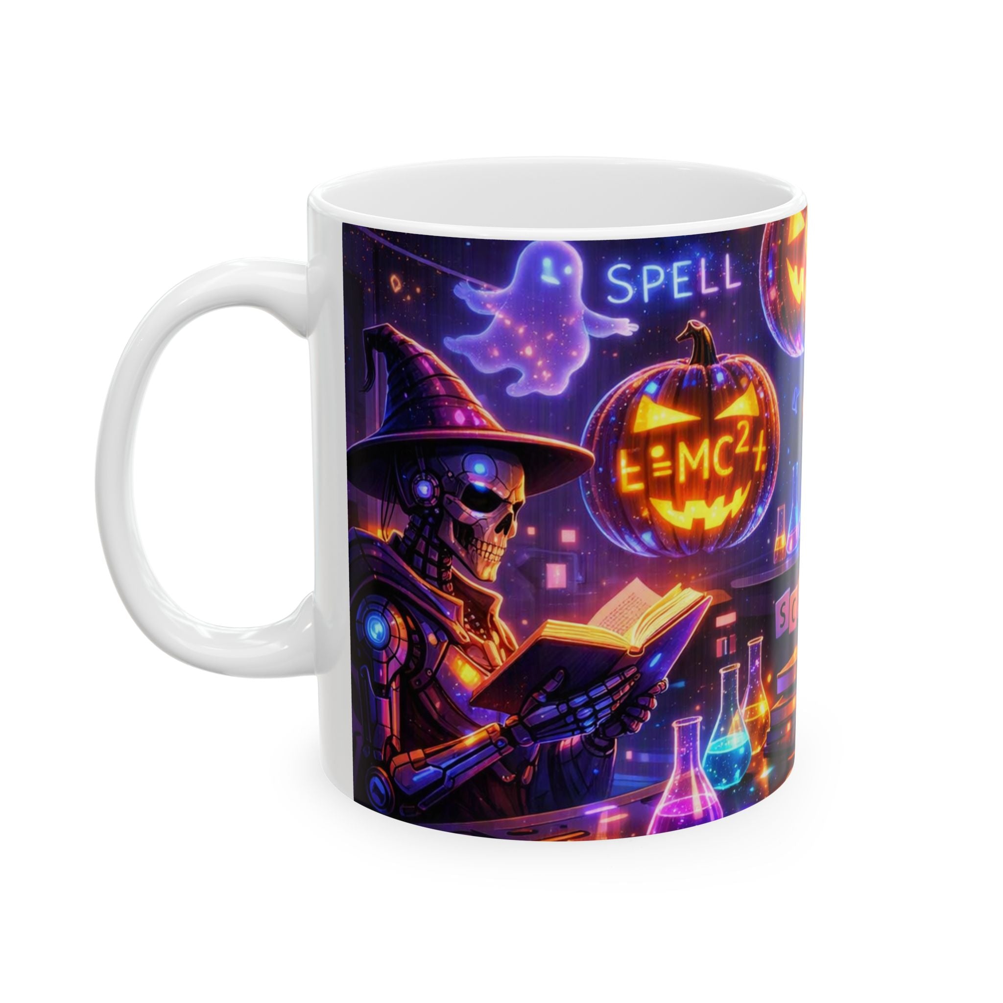 Halloween Science Pumpkin Mug — Glowing STEM & Read Lab Ceramic Coffee Cup (11oz/15oz)