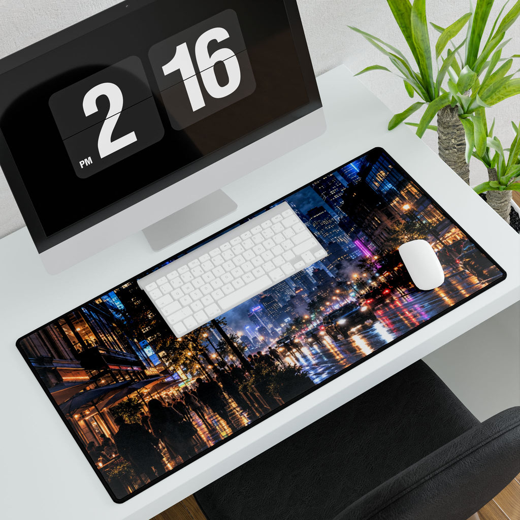 City Nightscape Desk Mat — Rainy Neon Skyline Large Mousepad