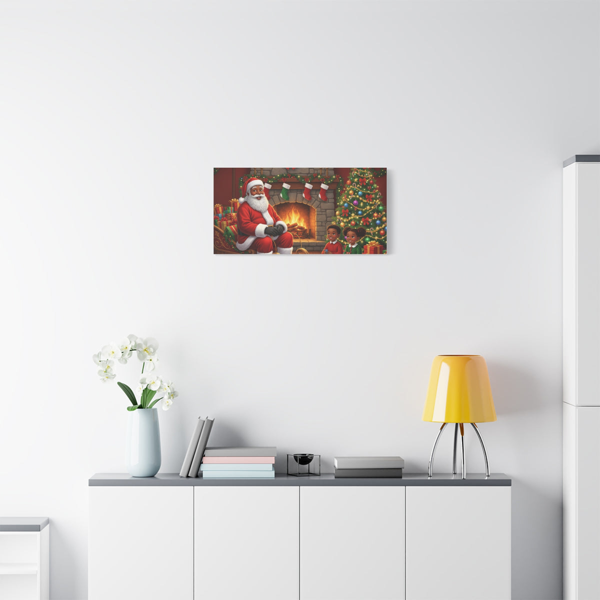 Christmas Santa Visit Canvas — Kids by the Fireplace Holiday Wall Art