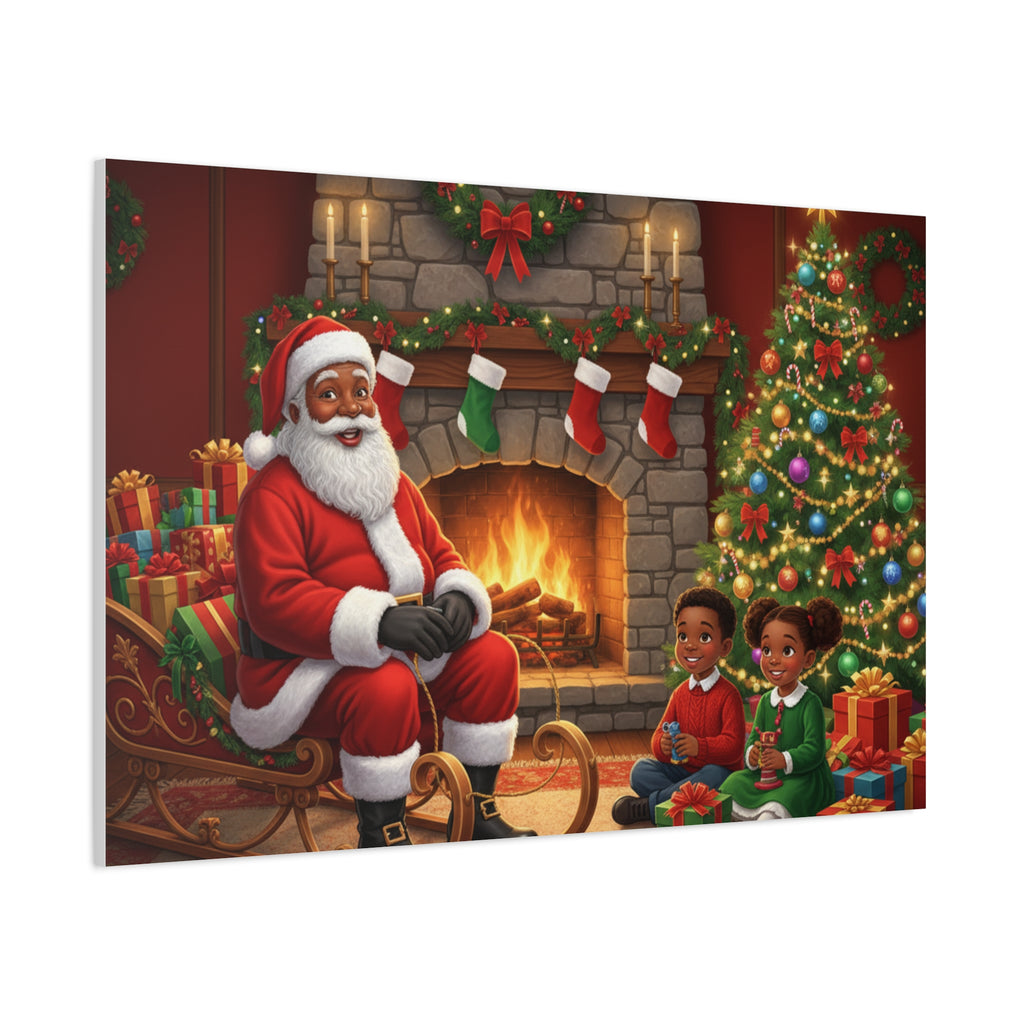 Christmas Santa Visit Canvas — Kids by the Fireplace Holiday Wall Art