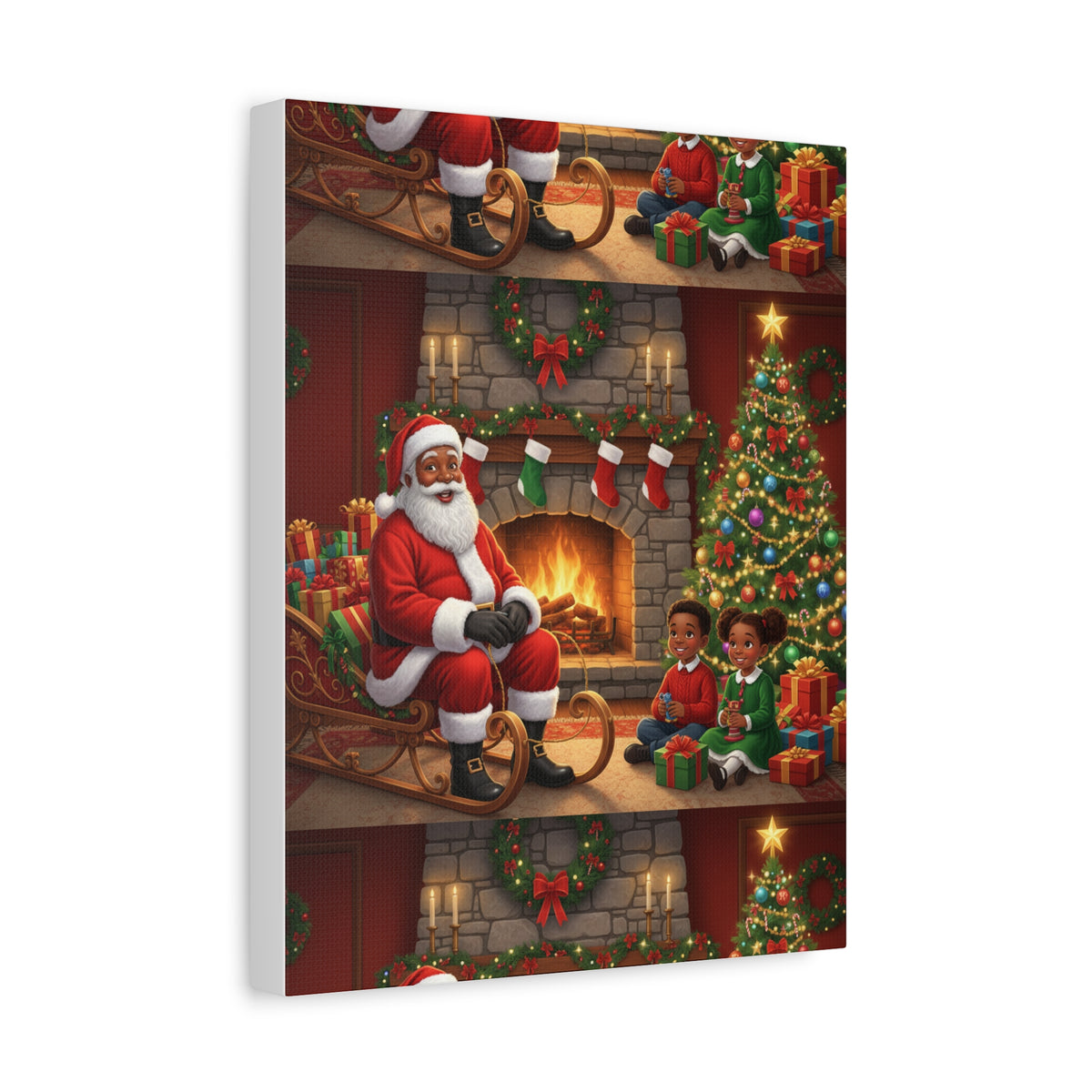Christmas Santa Visit Canvas — Kids by the Fireplace Holiday Wall Art