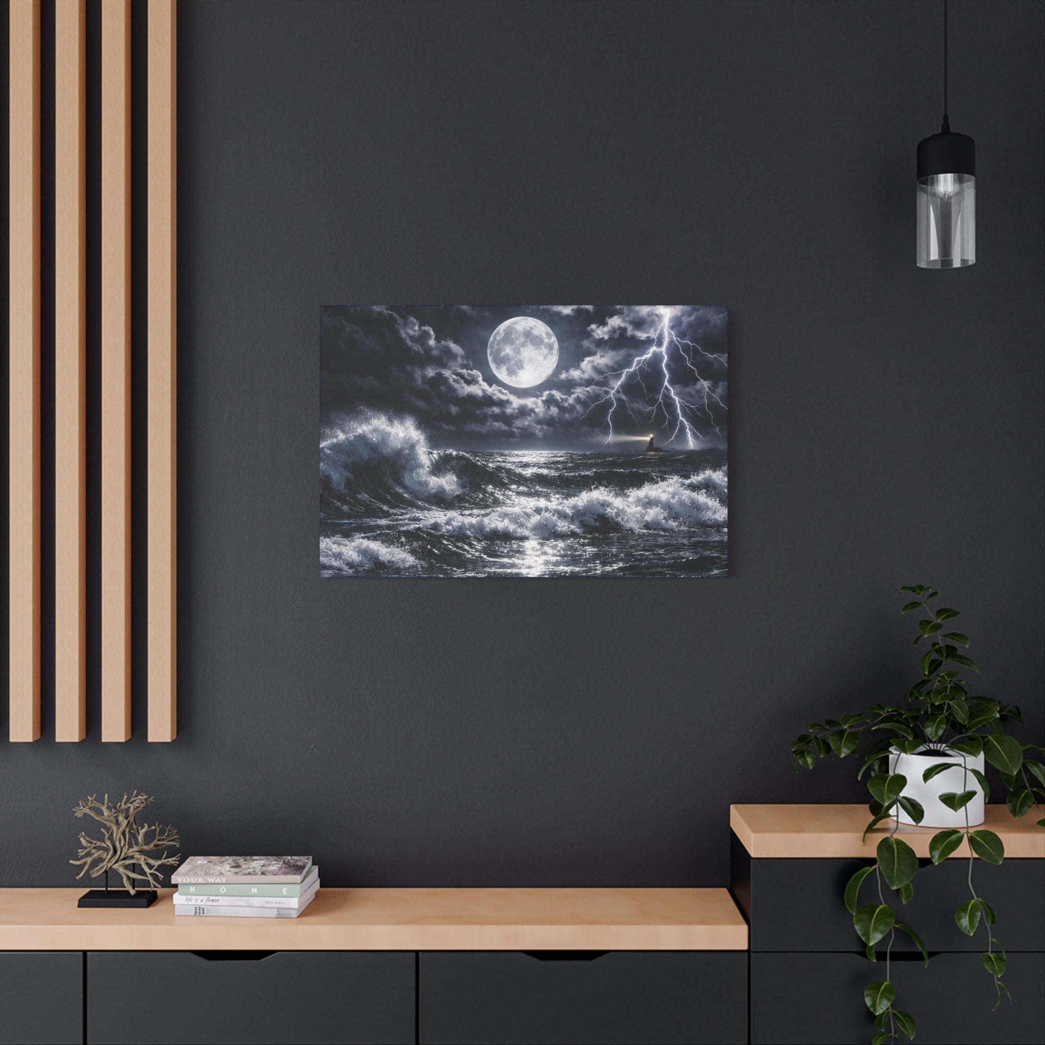 Stormy Moonlit Ocean Canvas Print — Dramatic Lighthouse Wall Art
