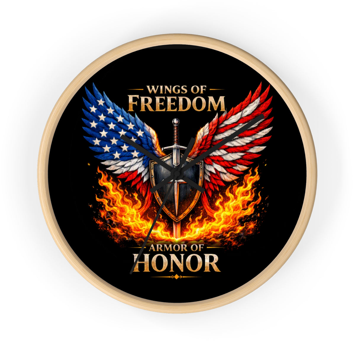 Wall Clock — Wings of Freedom Armor of Honor Patriotic American Eagle Flame Clock