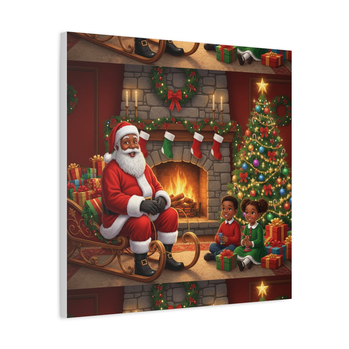 Christmas Santa Visit Canvas — Kids by the Fireplace Holiday Wall Art
