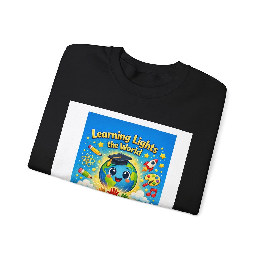 Crewneck Sweatshirt — "Learning Lights the World" Cute Graduation Earth Character Kids Educator Gift