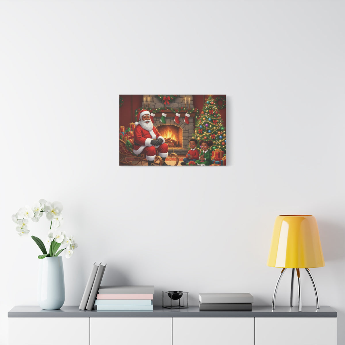 Christmas Santa Visit Canvas — Kids by the Fireplace Holiday Wall Art