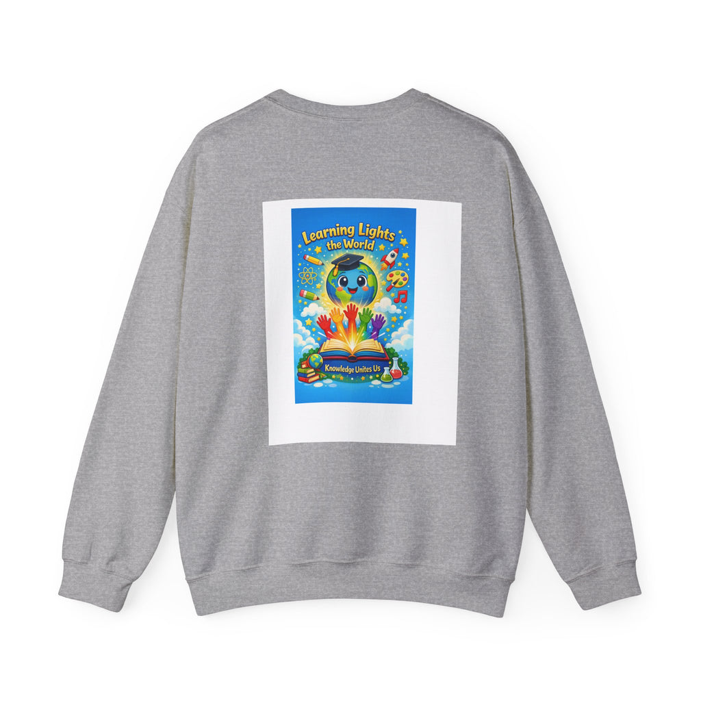 Crewneck Sweatshirt — "Learning Lights the World" Cute Graduation Earth Character Kids Educator Gift
