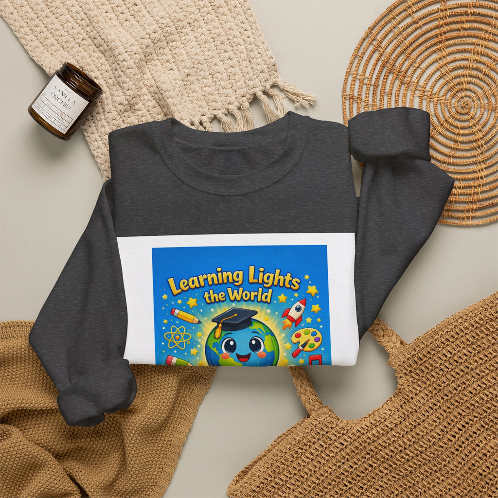 Crewneck Sweatshirt — "Learning Lights the World" Cute Graduation Earth Character Kids Educator Gift
