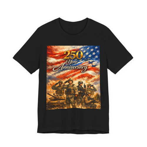250 Year Anniversary Patriotic T-Shirt — American Flag & Soldiers Tribute