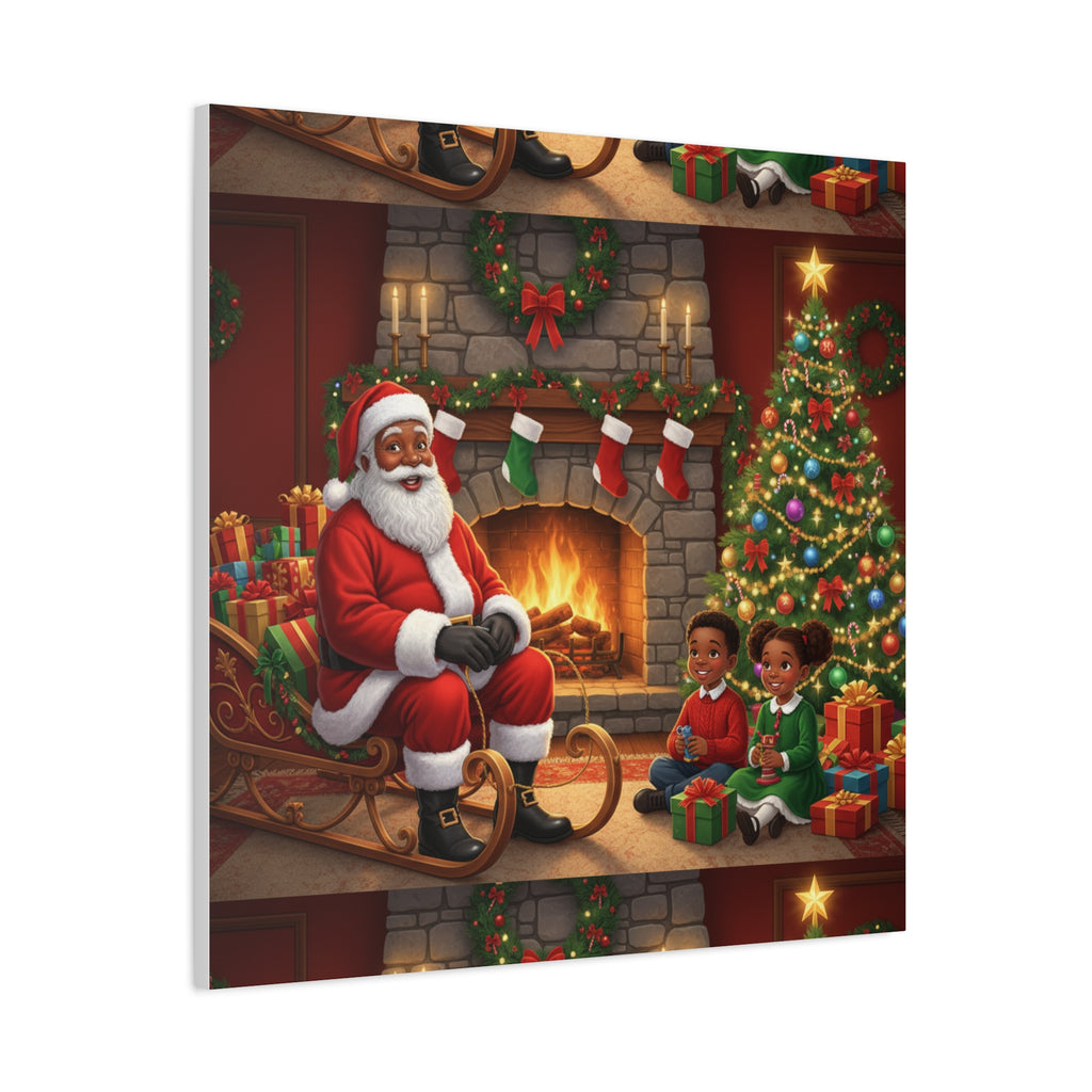 Christmas Santa Visit Canvas — Kids by the Fireplace Holiday Wall Art