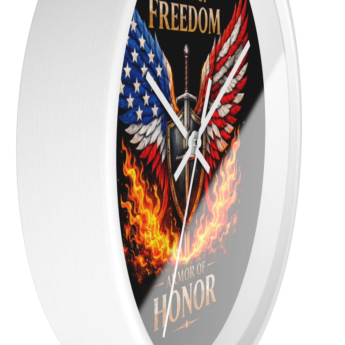 Wall Clock — Wings of Freedom Armor of Honor Patriotic American Eagle Flame Clock