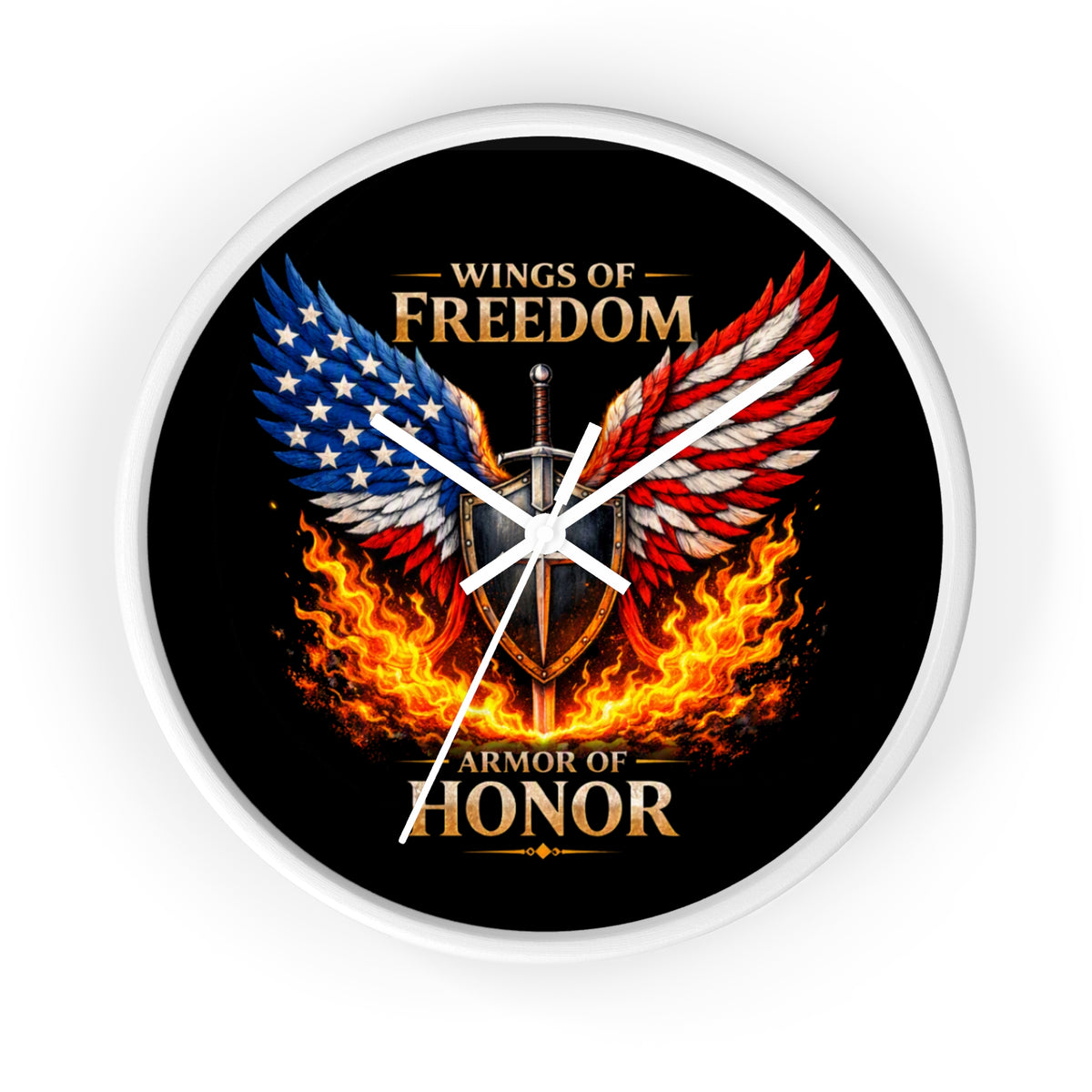 Wall Clock — Wings of Freedom Armor of Honor Patriotic American Eagle Flame Clock
