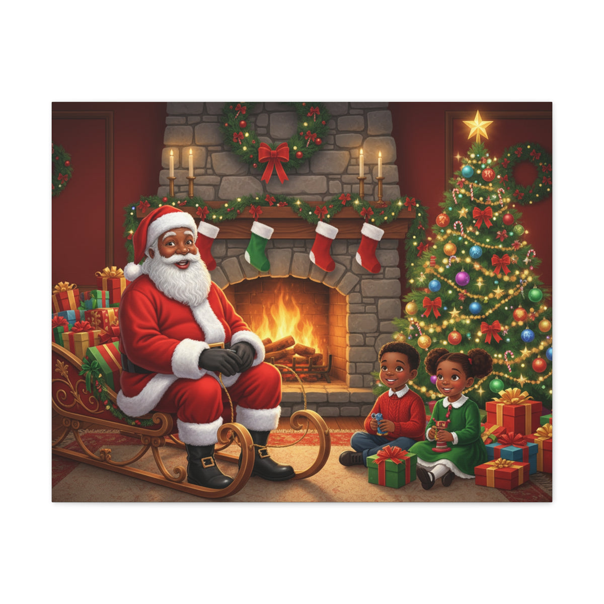 Christmas Santa Visit Canvas — Kids by the Fireplace Holiday Wall Art