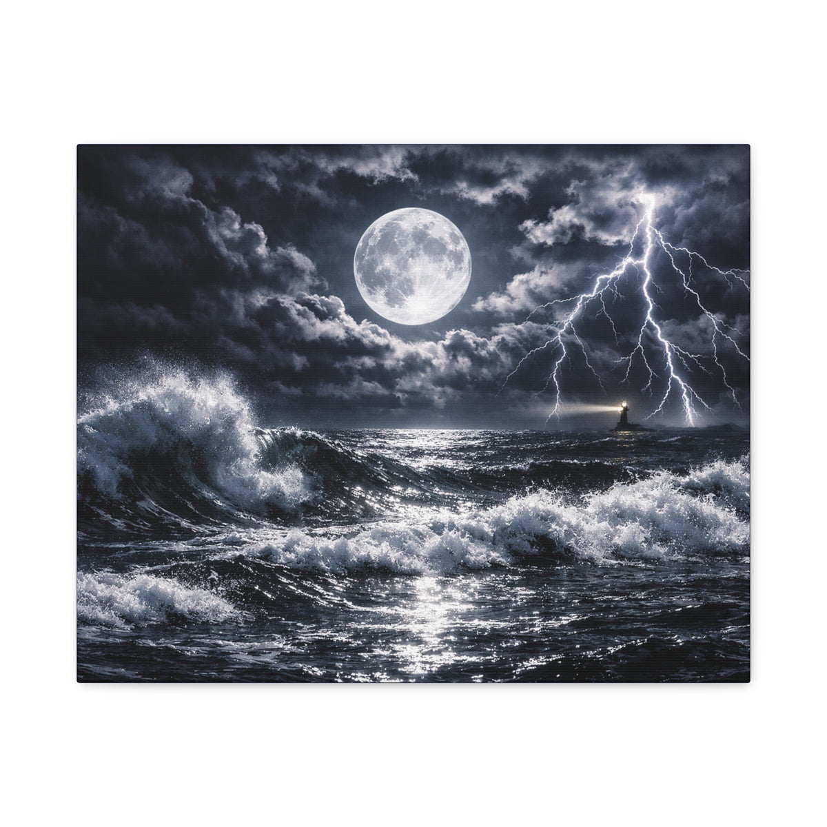 Stormy Moonlit Ocean Canvas Print — Dramatic Lighthouse Wall Art
