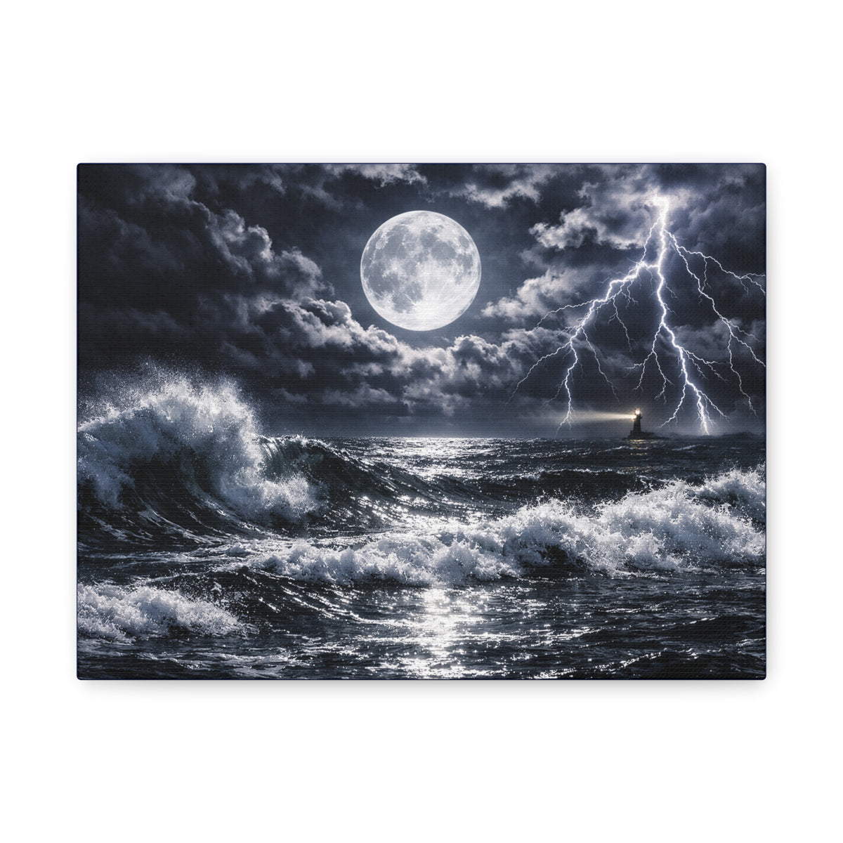 Stormy Moonlit Ocean Canvas Print — Dramatic Lighthouse Wall Art