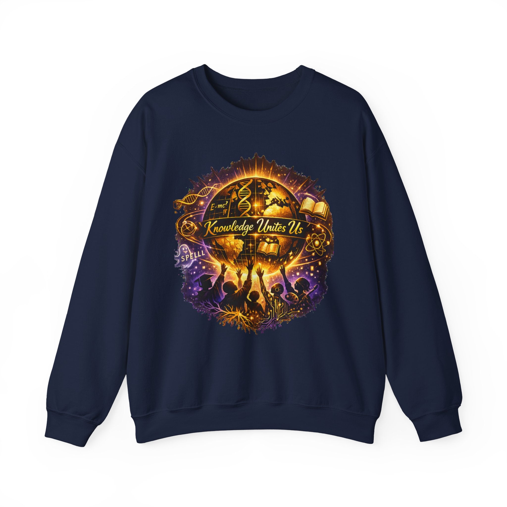 Crewneck Sweatshirt — 'Knowledge Unites Us' Cosmic Book & Community Graphic