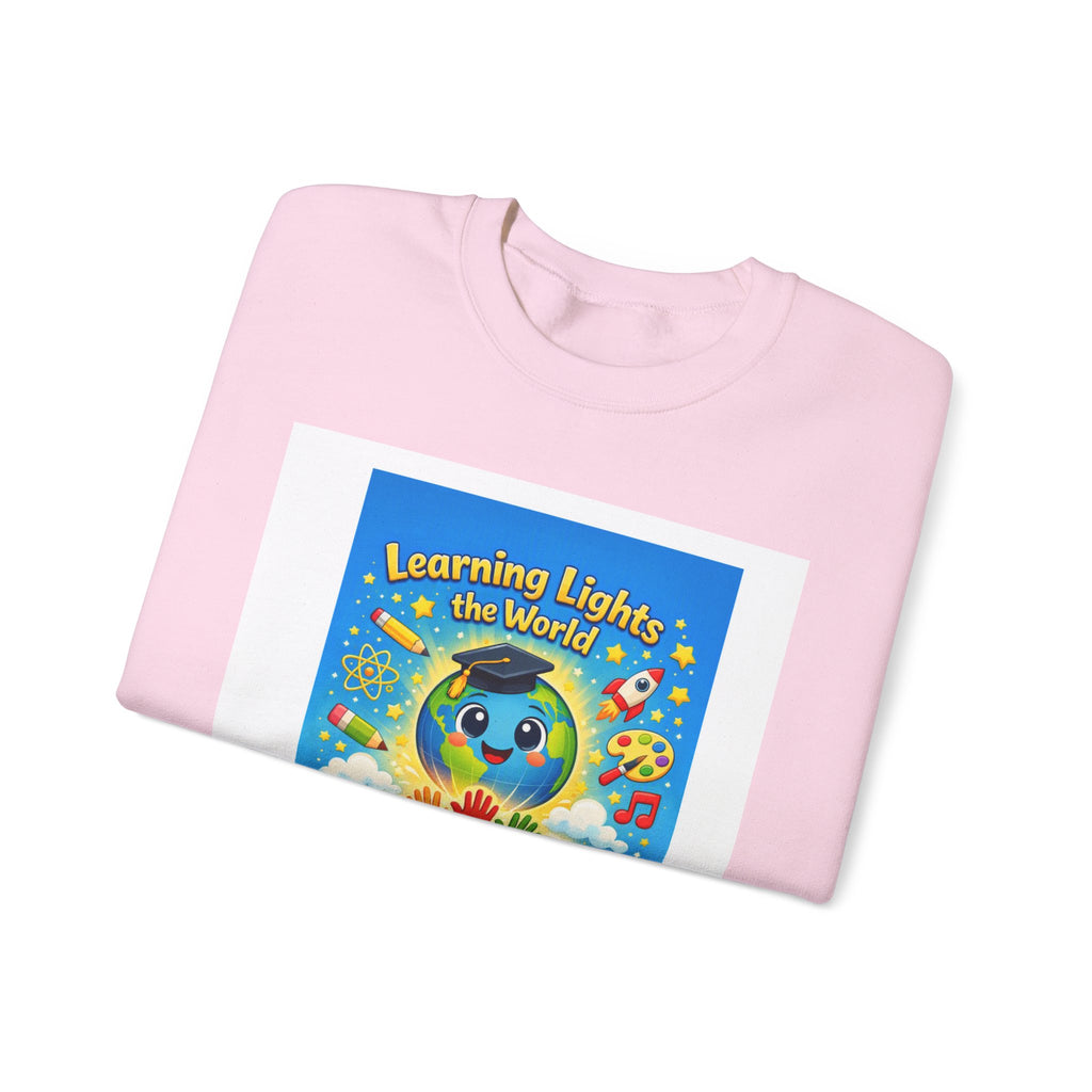 Crewneck Sweatshirt — "Learning Lights the World" Cute Graduation Earth Character Kids Educator Gift