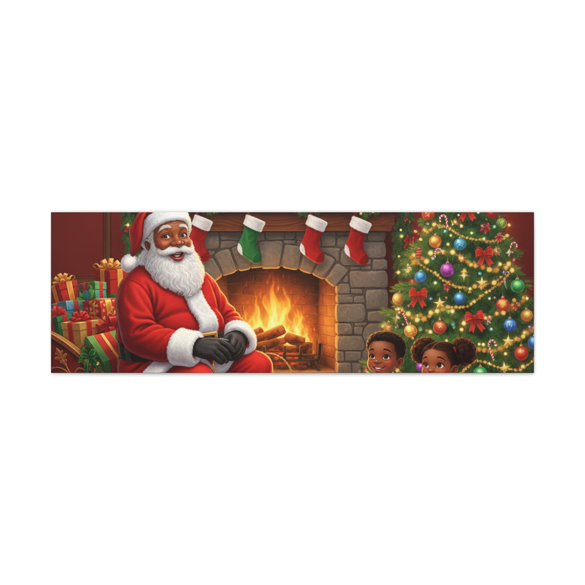 Christmas Santa Visit Canvas — Kids by the Fireplace Holiday Wall Art