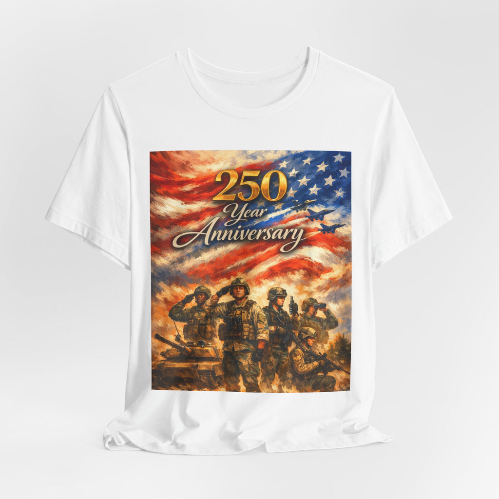 250 Year Anniversary Patriotic T-Shirt — American Flag & Soldiers Tribute