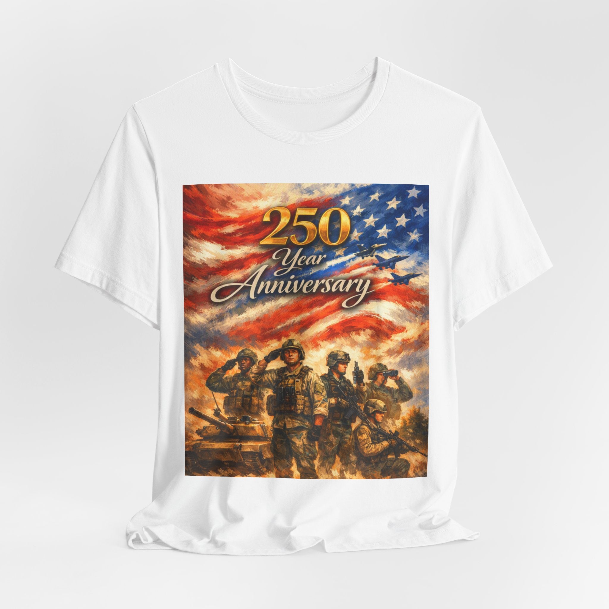 250 Year Anniversary Patriotic T-Shirt — American Flag & Soldiers Tribute