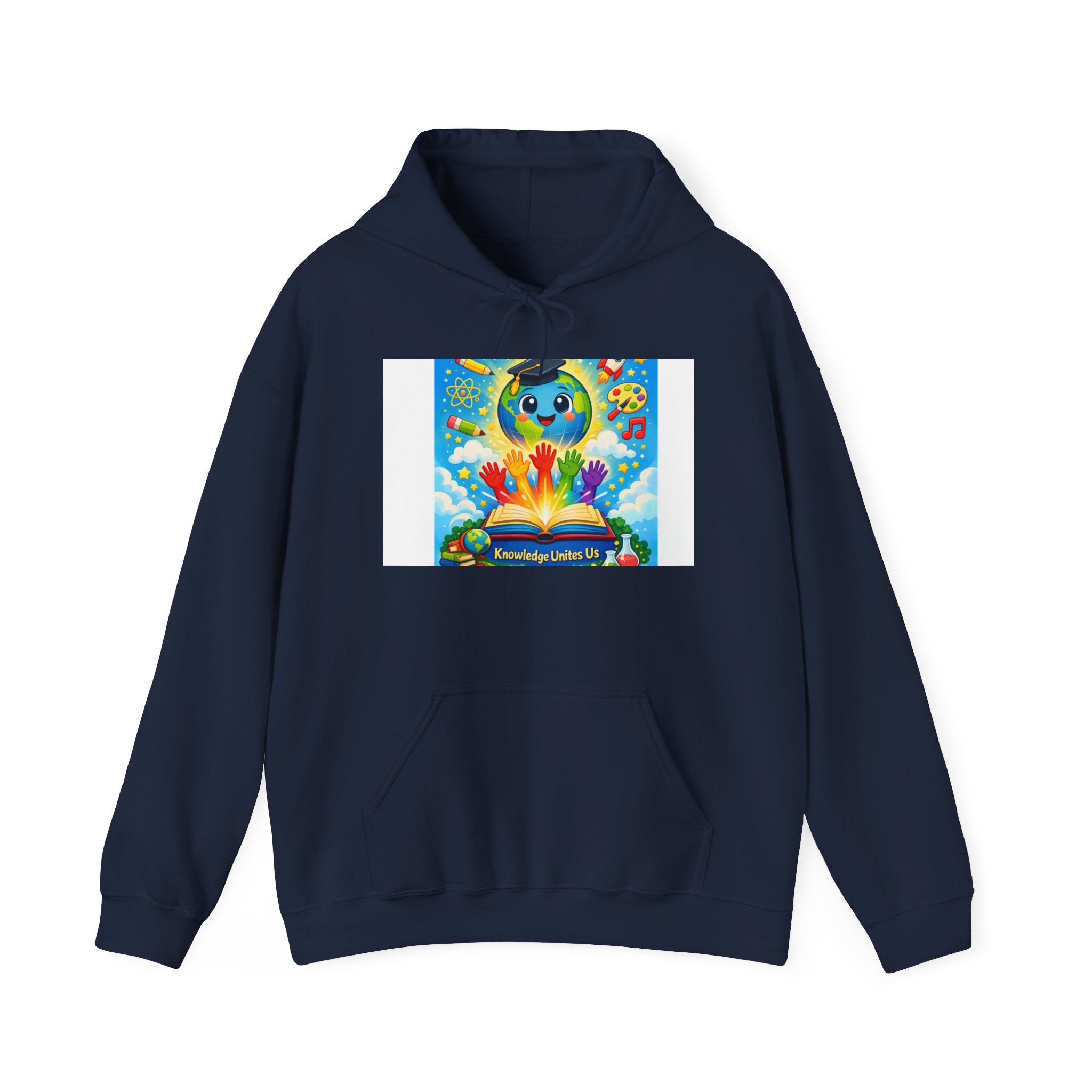 Hoodie — Colorful Earth & Peace Cartoon Graphic "Knowledge Before Power"