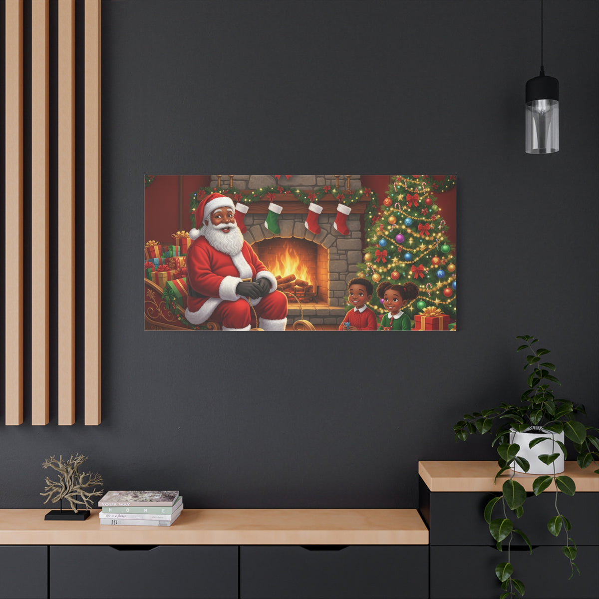Christmas Santa Visit Canvas — Kids by the Fireplace Holiday Wall Art